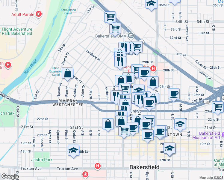 map of restaurants, bars, coffee shops, grocery stores, and more near 2441 Encina Street in Bakersfield