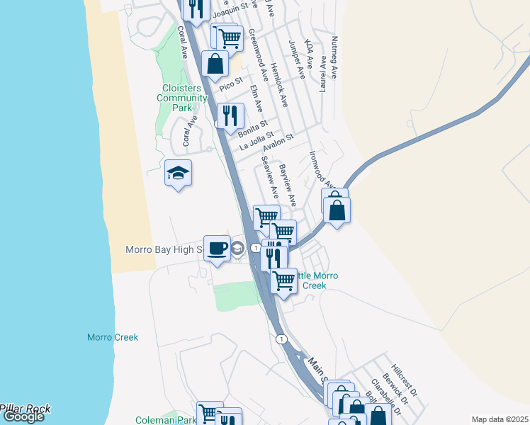 map of restaurants, bars, coffee shops, grocery stores, and more near 1931 Sunset Avenue in Morro Bay