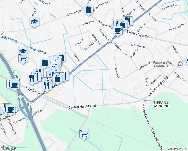map of restaurants, bars, coffee shops, grocery stores, and more near 113 Fallin Boulevard in Goldsboro