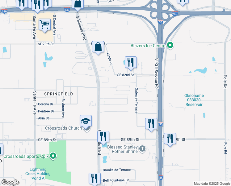 map of restaurants, bars, coffee shops, grocery stores, and more near 523 Helm Parkway in Oklahoma City