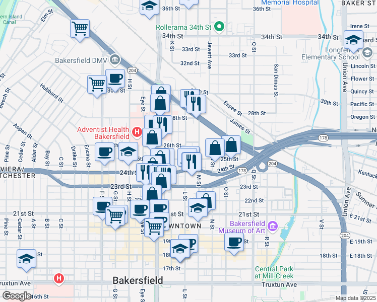 map of restaurants, bars, coffee shops, grocery stores, and more near 2500 L Street in Bakersfield
