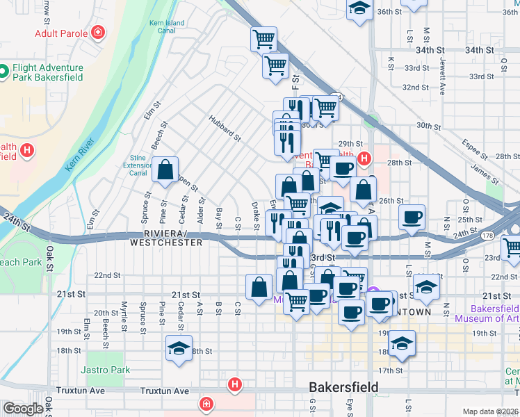 map of restaurants, bars, coffee shops, grocery stores, and more near 2526 Drake Street in Bakersfield