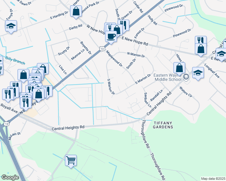map of restaurants, bars, coffee shops, grocery stores, and more near 131 South Marion Drive in Goldsboro