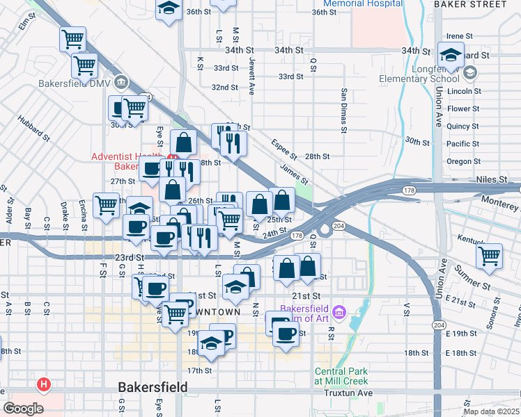 map of restaurants, bars, coffee shops, grocery stores, and more near 2431 N Street in Bakersfield