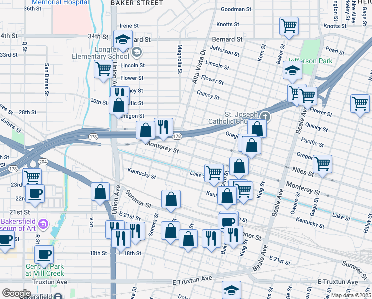 map of restaurants, bars, coffee shops, grocery stores, and more near 316 Monterey Street in Bakersfield