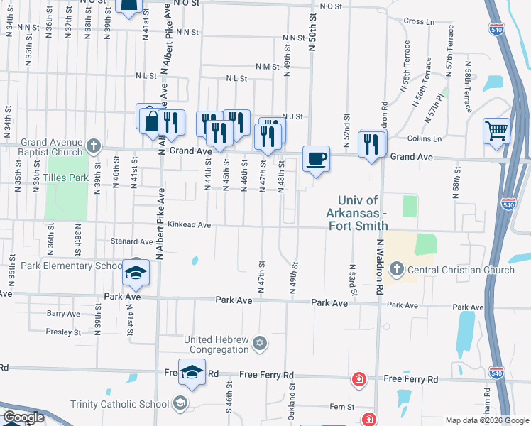 map of restaurants, bars, coffee shops, grocery stores, and more near 4615 Kinkead Avenue in Fort Smith