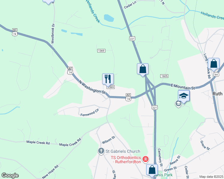 map of restaurants, bars, coffee shops, grocery stores, and more near 112 Frady Street in Rutherfordton