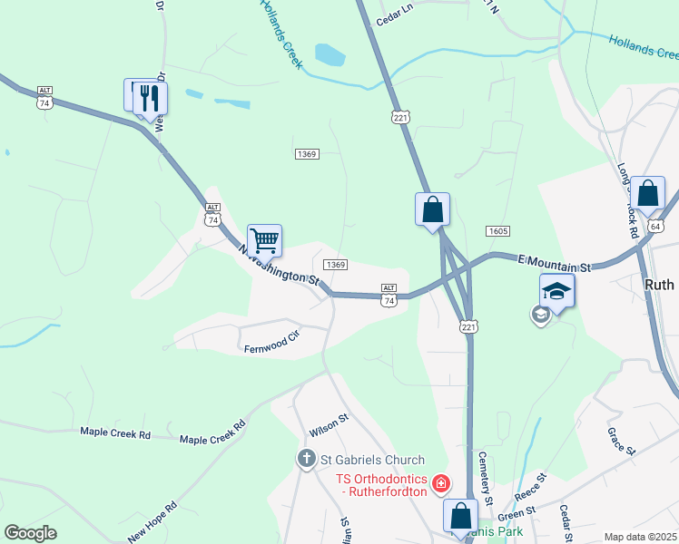 map of restaurants, bars, coffee shops, grocery stores, and more near 112 Frady Street in Rutherfordton