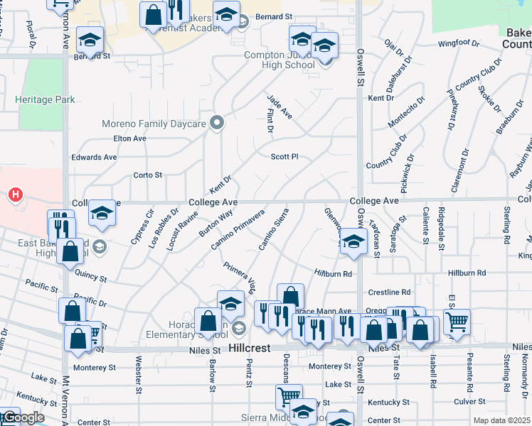 map of restaurants, bars, coffee shops, grocery stores, and more near 1791 Camino Primavera in Bakersfield