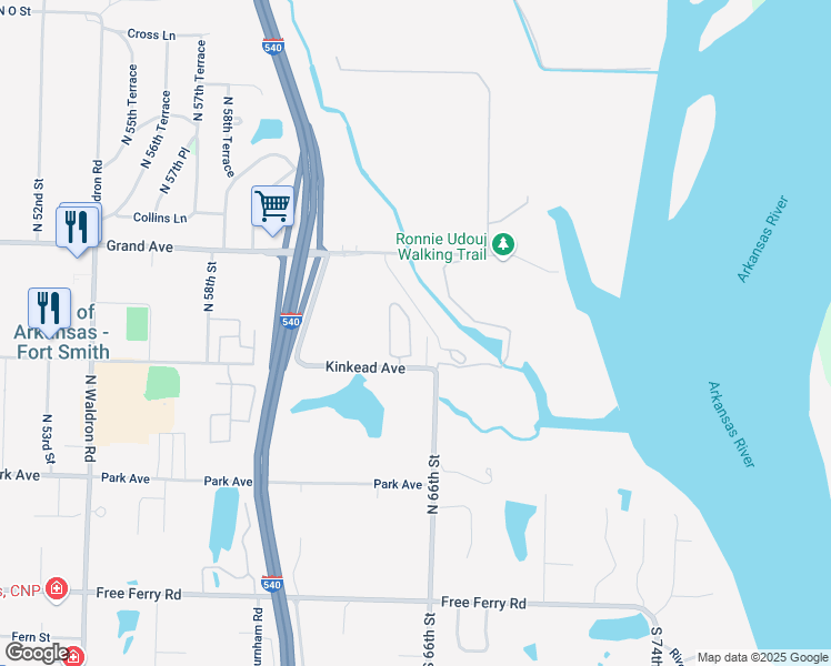 map of restaurants, bars, coffee shops, grocery stores, and more near 65 Jeffrey Way in Fort Smith