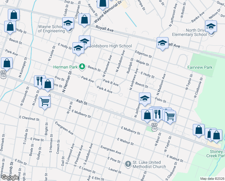 map of restaurants, bars, coffee shops, grocery stores, and more near 1302 Park Avenue A in Goldsboro