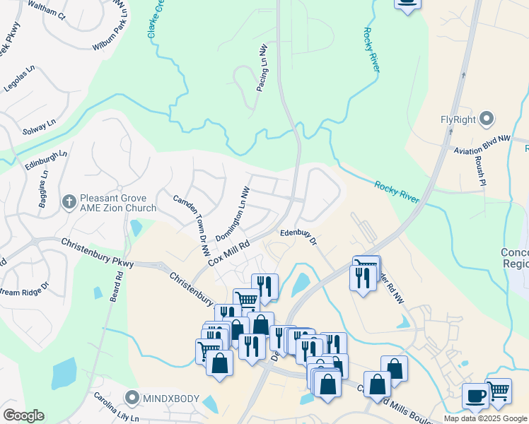 map of restaurants, bars, coffee shops, grocery stores, and more near 9650 Camberley Avenue Northwest in Concord