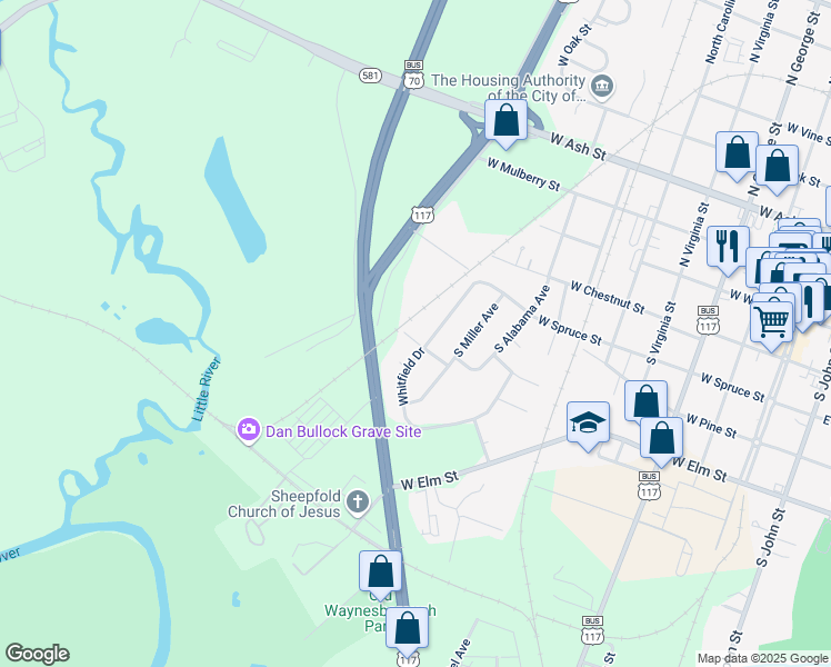map of restaurants, bars, coffee shops, grocery stores, and more near 403 Whitfield Drive in Goldsboro