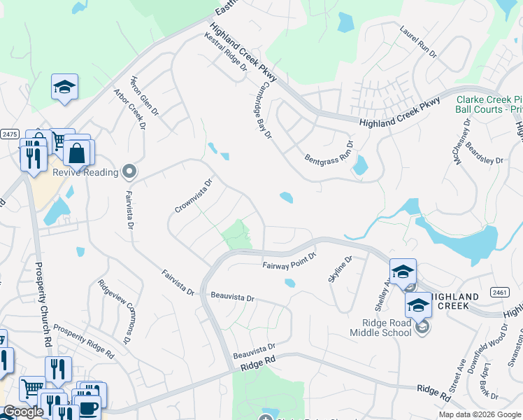 map of restaurants, bars, coffee shops, grocery stores, and more near 5701 Fairvista Drive in Charlotte