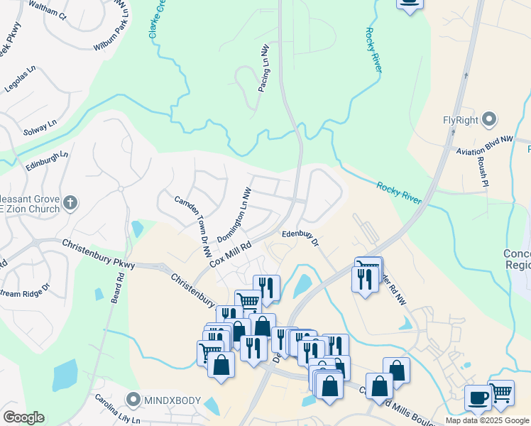 map of restaurants, bars, coffee shops, grocery stores, and more near 9646 Camberley Avenue Northwest in Concord
