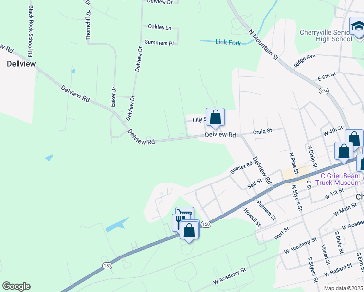 map of restaurants, bars, coffee shops, grocery stores, and more near 1107 Delview Road in Cherryville