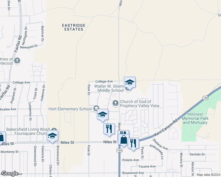 map of restaurants, bars, coffee shops, grocery stores, and more near 3209 Fortier Street in Bakersfield