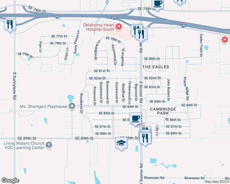map of restaurants, bars, coffee shops, grocery stores, and more near 8417 Woodhue Drive in Oklahoma City