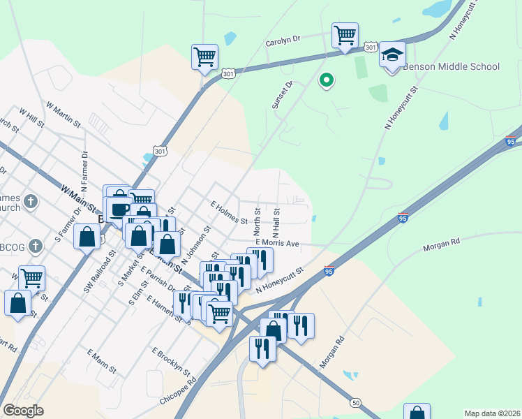 map of restaurants, bars, coffee shops, grocery stores, and more near 204 North Street in Benson