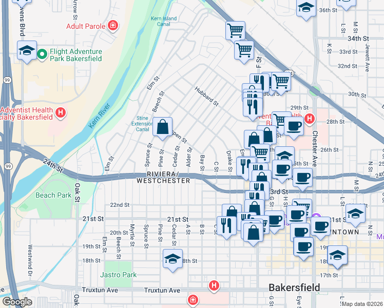 map of restaurants, bars, coffee shops, grocery stores, and more near 2421 Alder Street in Bakersfield