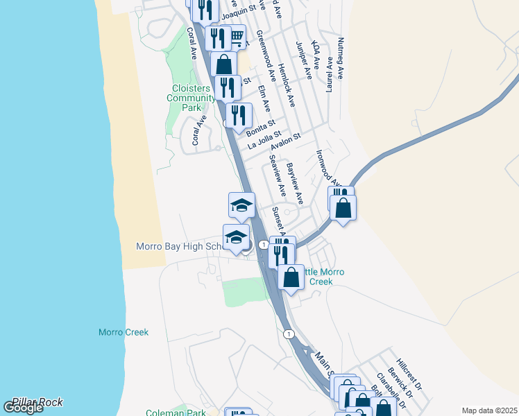 map of restaurants, bars, coffee shops, grocery stores, and more near 235 Atascadero Road in Morro Bay