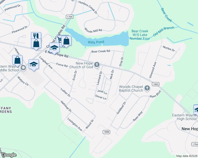 map of restaurants, bars, coffee shops, grocery stores, and more near 103 Gary Lane in Goldsboro