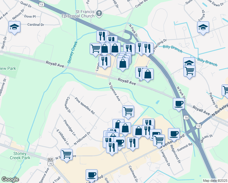 map of restaurants, bars, coffee shops, grocery stores, and more near 835 North Spence Avenue in Goldsboro