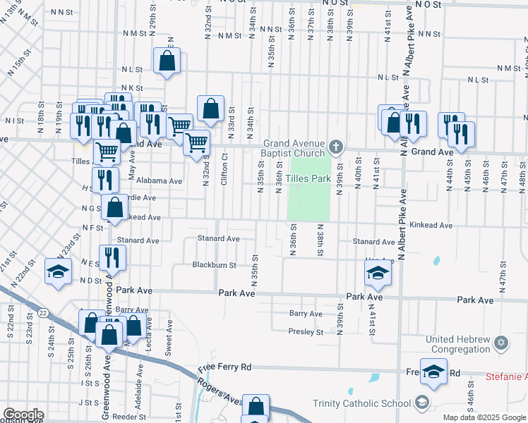 map of restaurants, bars, coffee shops, grocery stores, and more near 601 North 36th Street in Fort Smith