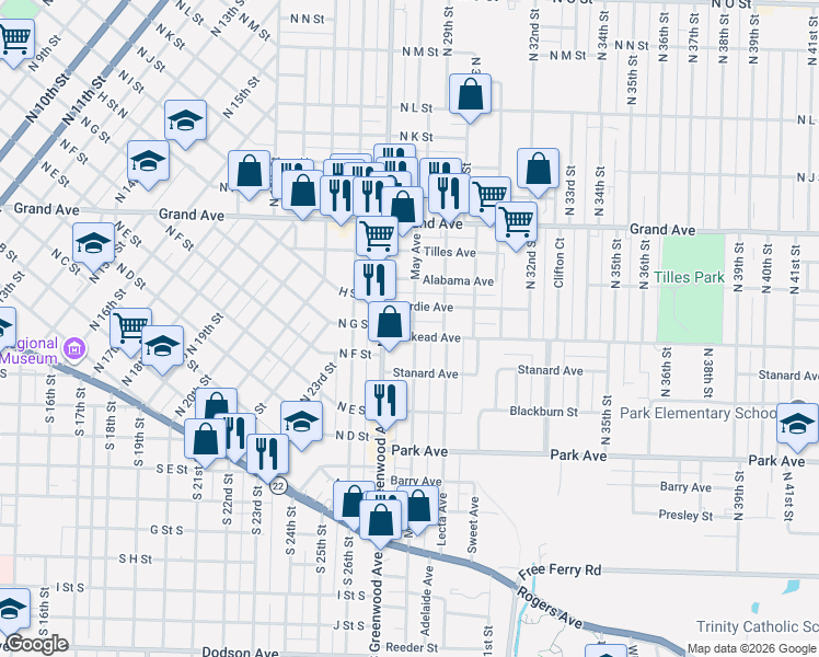 map of restaurants, bars, coffee shops, grocery stores, and more near 623 North May Avenue in Fort Smith