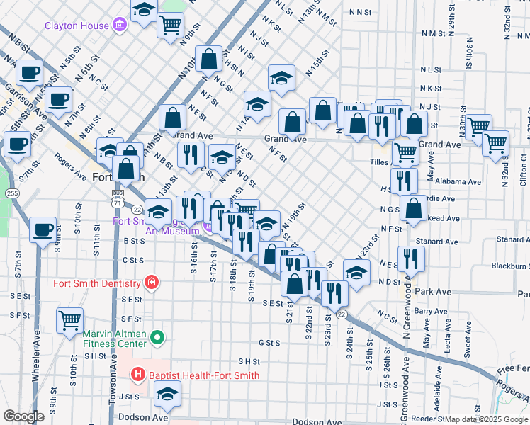 map of restaurants, bars, coffee shops, grocery stores, and more near 1800 D Street North in Fort Smith