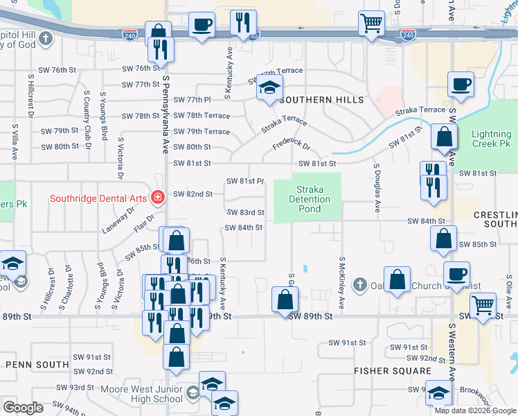 map of restaurants, bars, coffee shops, grocery stores, and more near 8401 South Indiana Avenue in Oklahoma City