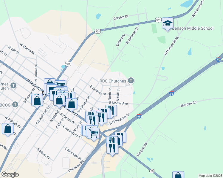 map of restaurants, bars, coffee shops, grocery stores, and more near in Benson