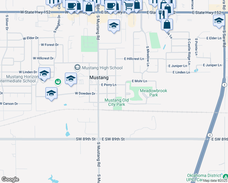 map of restaurants, bars, coffee shops, grocery stores, and more near 927 South Lewis Lane in Mustang