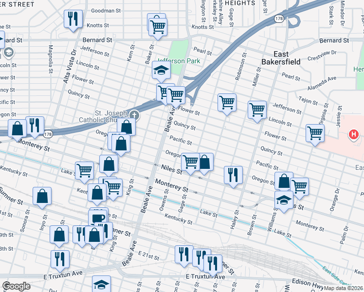 map of restaurants, bars, coffee shops, grocery stores, and more near 1419 Owens Street in Bakersfield
