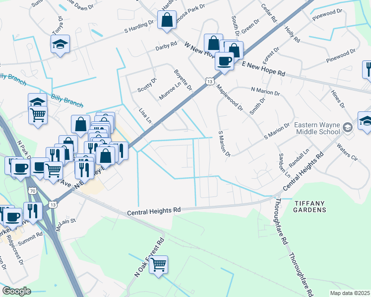 map of restaurants, bars, coffee shops, grocery stores, and more near 105 Fallin Boulevard in Goldsboro