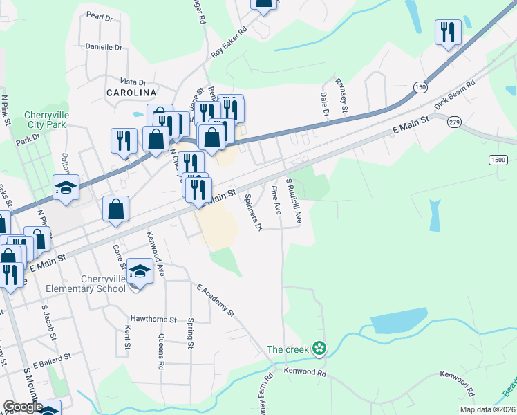 map of restaurants, bars, coffee shops, grocery stores, and more near 296 Pine Avenue in Cherryville