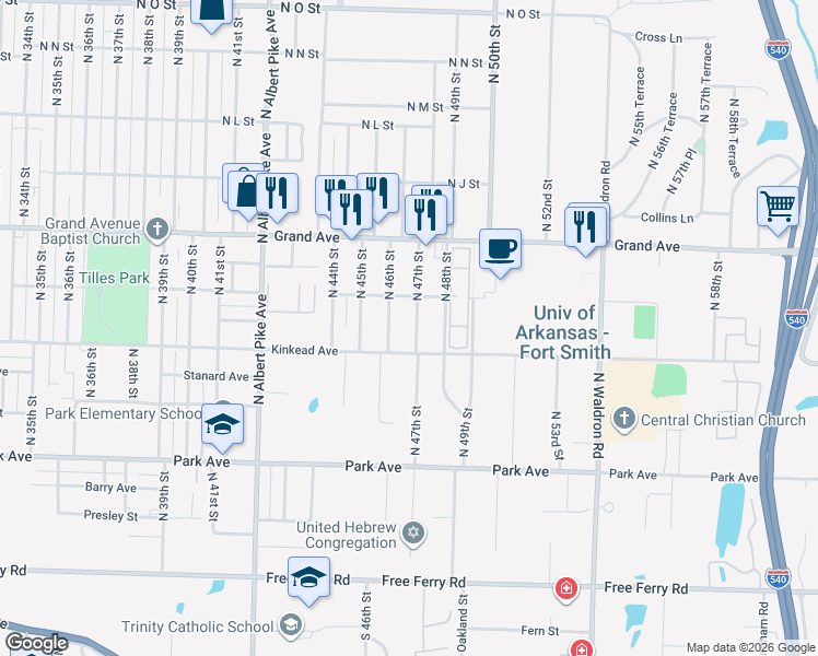 map of restaurants, bars, coffee shops, grocery stores, and more near 4615 Kinkead Avenue in Fort Smith