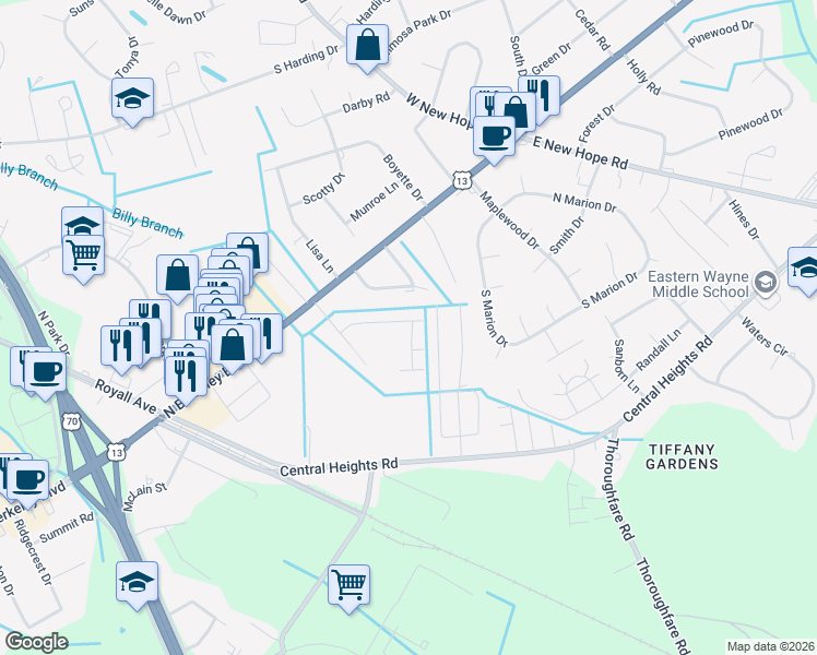 map of restaurants, bars, coffee shops, grocery stores, and more near 105 Fallin Boulevard in Goldsboro