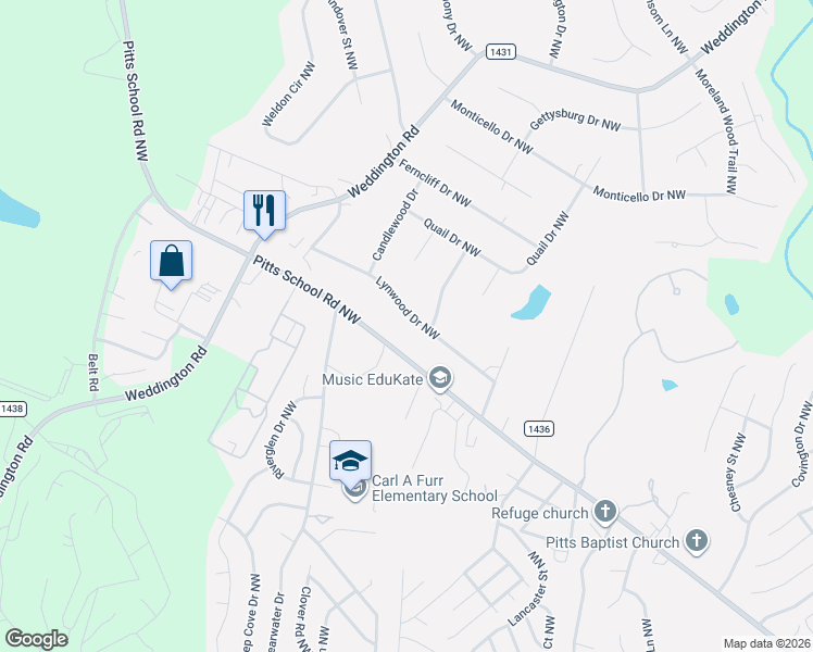 map of restaurants, bars, coffee shops, grocery stores, and more near 366 Pitts School Road Northwest in Concord