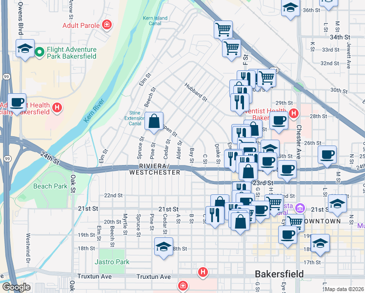 map of restaurants, bars, coffee shops, grocery stores, and more near 2421 Alder Street in Bakersfield