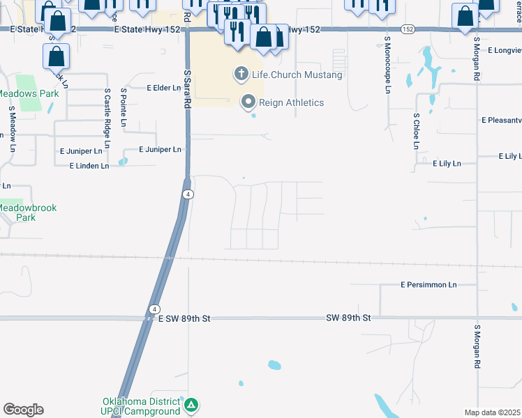 map of restaurants, bars, coffee shops, grocery stores, and more near 531 South Monocoupe Lane in Mustang
