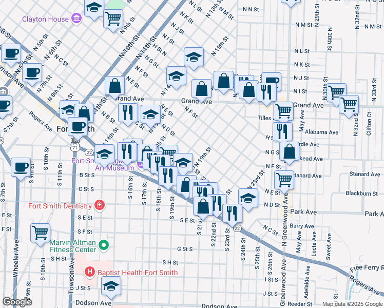 map of restaurants, bars, coffee shops, grocery stores, and more near 1800 D Street North in Fort Smith