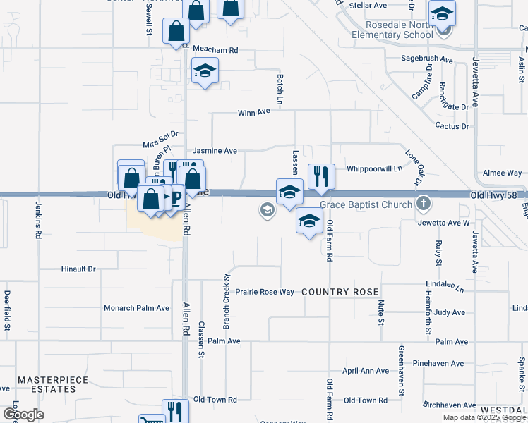 map of restaurants, bars, coffee shops, grocery stores, and more near 12463 Rosedale Highway in Bakersfield
