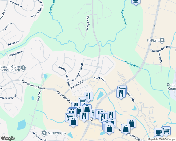 map of restaurants, bars, coffee shops, grocery stores, and more near 9646 Camberley Avenue Northwest in Concord