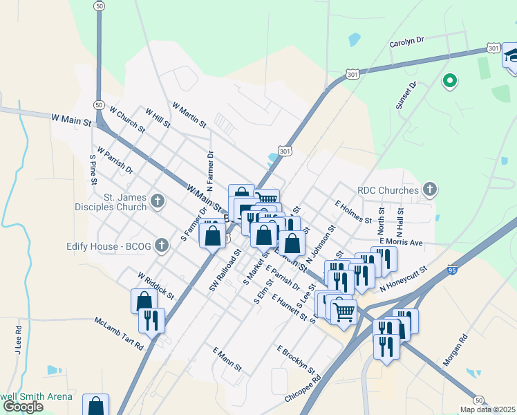 map of restaurants, bars, coffee shops, grocery stores, and more near 102 West Church Street in Benson