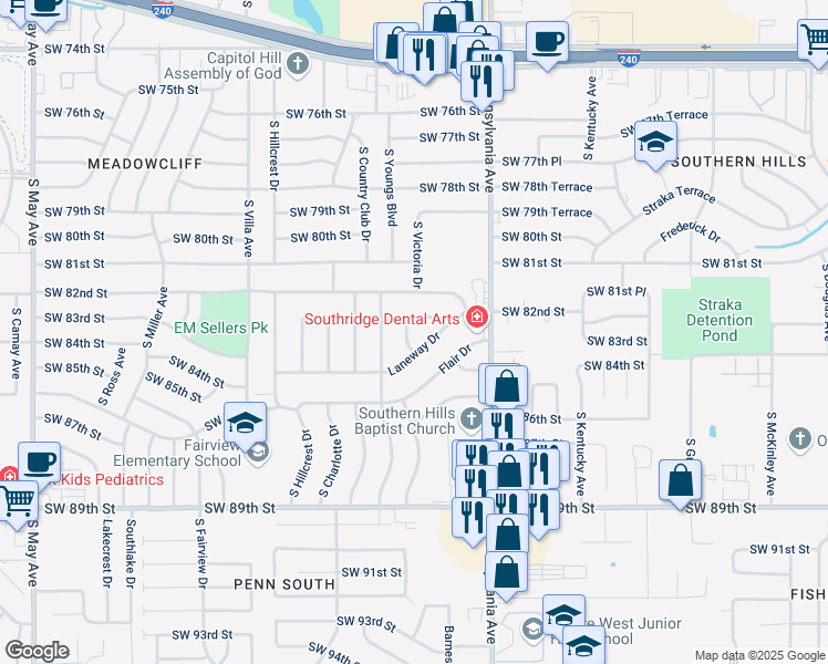 map of restaurants, bars, coffee shops, grocery stores, and more near 2229 Laneway Drive in Oklahoma City