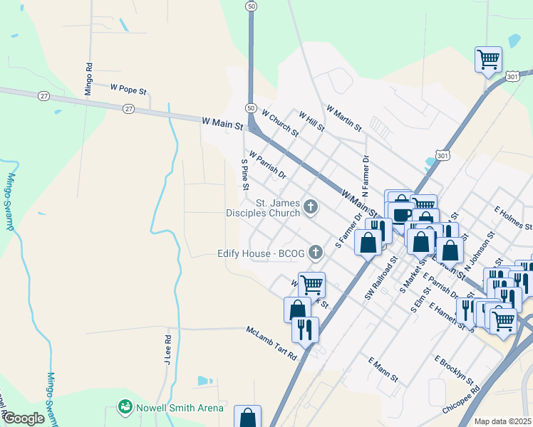 map of restaurants, bars, coffee shops, grocery stores, and more near 405 South Lincoln Street in Benson