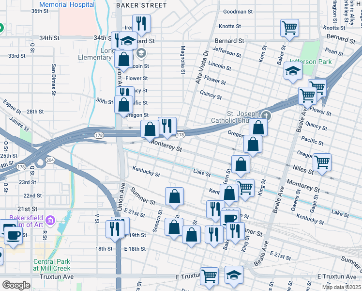 map of restaurants, bars, coffee shops, grocery stores, and more near 1213 Alta Vista Drive in Bakersfield