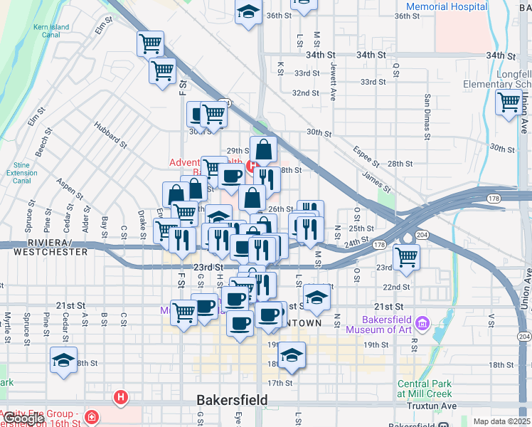 map of restaurants, bars, coffee shops, grocery stores, and more near 2501 Chester Avenue in Bakersfield