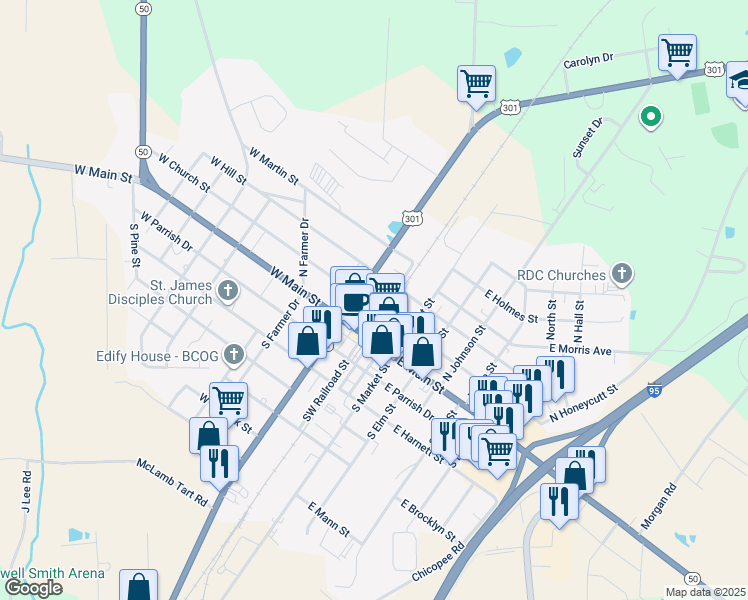 map of restaurants, bars, coffee shops, grocery stores, and more near 102 West Church Street in Benson